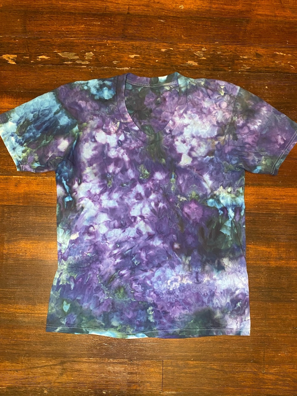 EUC Custom Ice Dye Tie Dye Cool Colors V Neck Cotton Tee